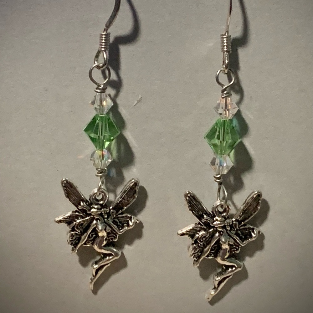 DragonsFancy Fairy earrings green fluorite and crystal colored beads. Handmade